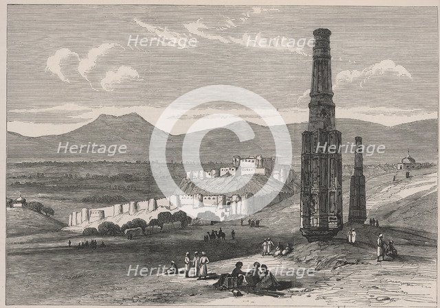 British-Afghan war, fortress and citadel of Ghuzni and two of its minarets in Afghanistan.