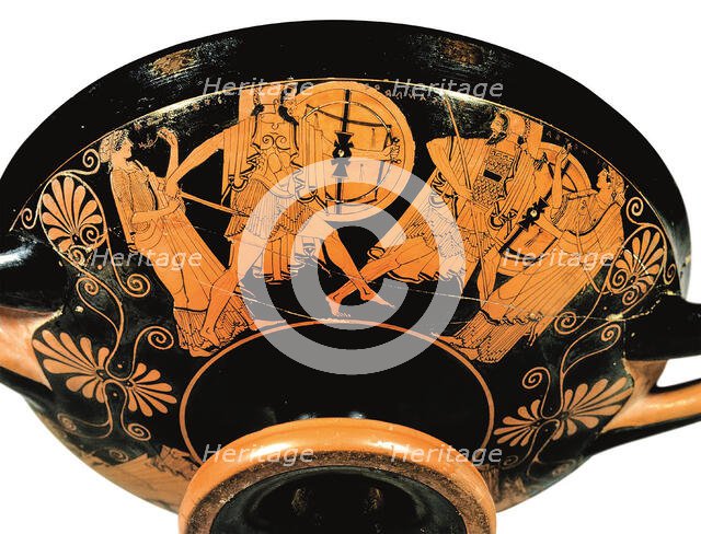 Kylix: Menelaus pursues Paris as Aphrodite and Artemis watch on, c470 BC. Creator: Douris (active ca. 490-460 BC).