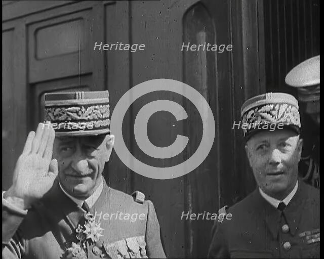 Maurice Gamelin and Two Other Male French Military Officers Alighting from a Train, 1939. Creator: British Pathe Ltd.