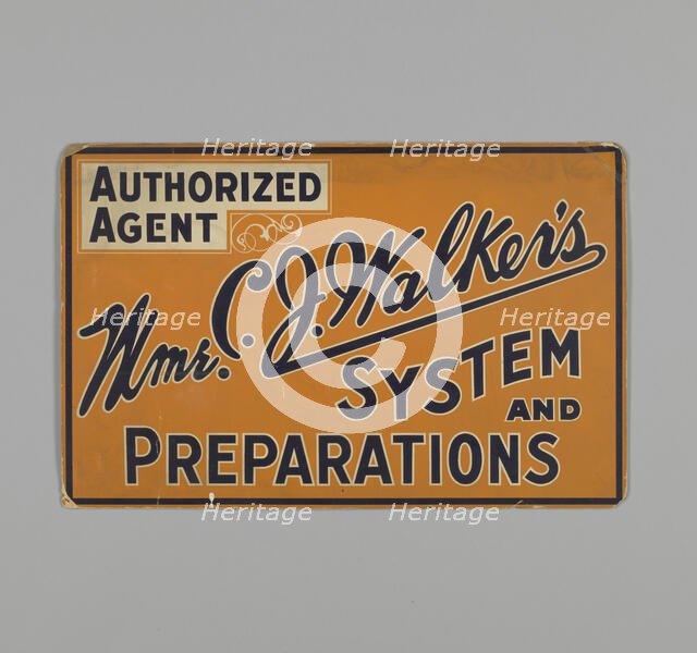 Sign for authorized agent of Mme. C.J. Walker's, ca. 1930. Creator: Unknown.