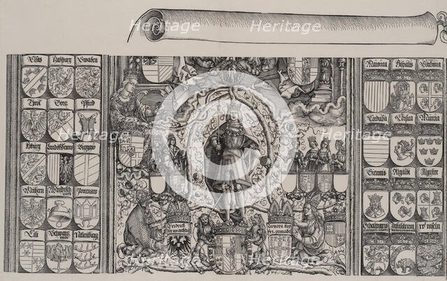 The Upper Portion of the Genealogy of Maximilian; with the Right Edge of the Scroll for th..., 1515. Creator: Hans Springinklee.