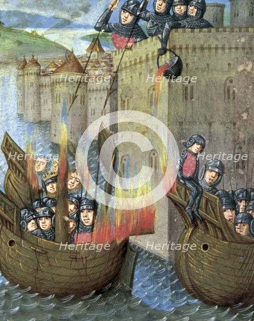 Defenders pour boiling oil onto attacking ships, c1473. Creator: Unknown.