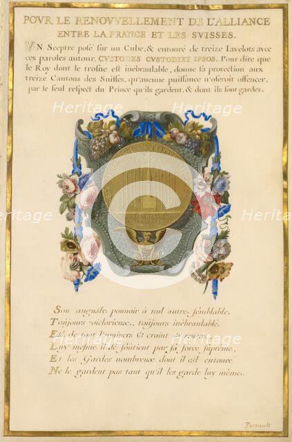 Escutcheon with a Medal; Nine Emblems for Louis XIV, about 1663-1668. Creator: Jacques Bailly.