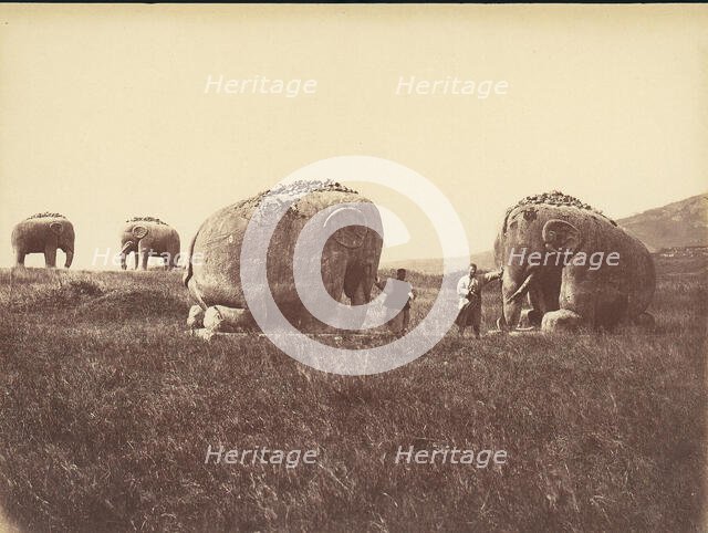 Two Men by Monumental Elephant Statues, China, 1860s-70s. Creator: Unknown.