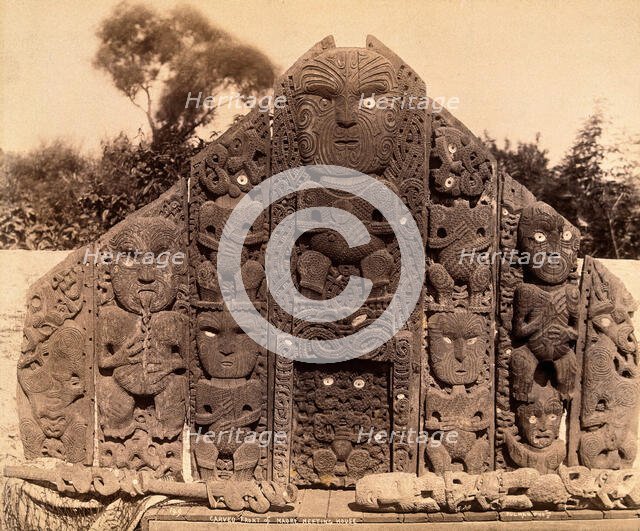 New Zealand: the carved front of a Maori meeting house, between 1800 and 1899. Creator: Unknown.