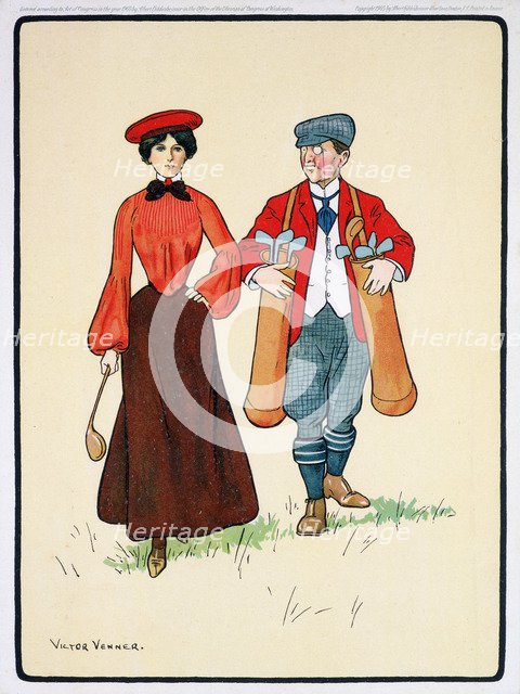 Golfing scene, woman walking with caddy, c1920s. Artist: Unknown
