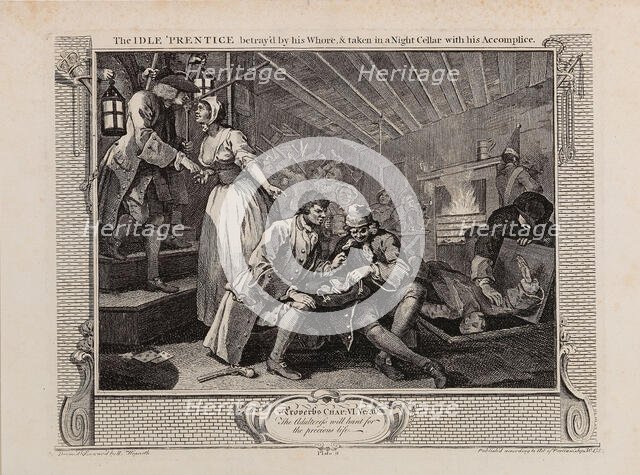 The Idle 'Prentice Betrayed by his Whore and Taken into a Night Cellar with his Accomplice, 1747. Creator: Hogarth, William (1697-1764).