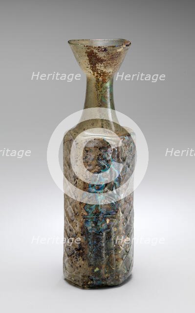 Yellow-Green Hexagonal Glass Bottle with a Stylite Saint, Byzantine, mid-5th-7th century. Creator: Unknown.