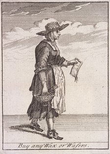 A wax and wafer seller, Cries of London, (c1688?). Artist: Anon
