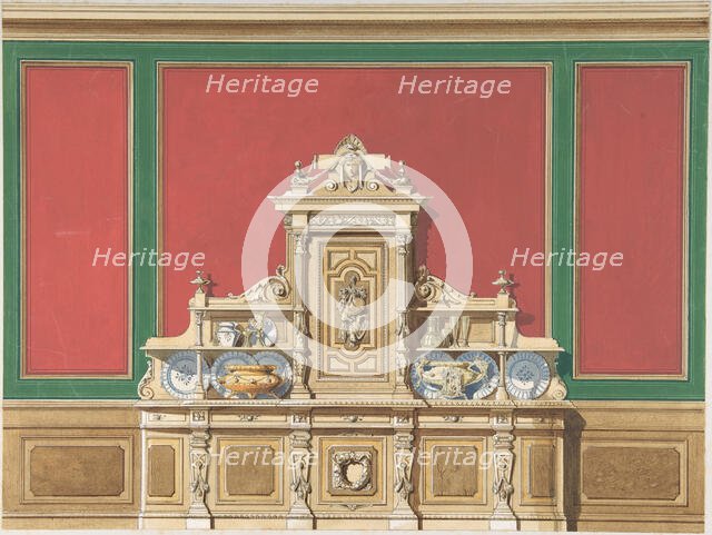 Interior Design for Large Display Cabinet against Red and Green Panelling, late 19th century (?). Creator: Anon.