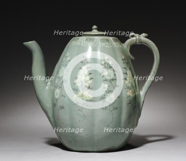 Pitcher with Inlaid Chrysanthemum and Peony Design, 1200s. Creator: Unknown.