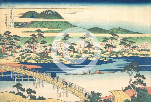 Togetsu Bridge at Arashiyama in Yamashiro, from the series Remarkable Views of Bridges..., ca. 1830. Creator: Hokusai.