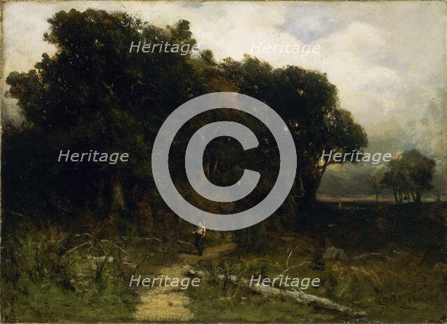 Untitled (landscape, woodcutter on path), 1879. Creator: Edward Mitchell Bannister.