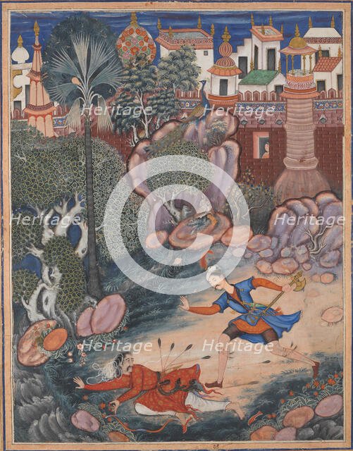 Umar Walks around Fulad Castle, Meets a Foot Soldier and Kicks Him to the Ground..., ca. 1570. Creator: Attributed to Kesav Das (.