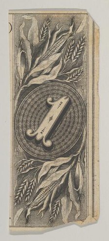 Banknote motif: the number 1 against an oval of woven lathe work, inside a rectangl..., ca. 1824-42. Creator: Durand, Perkins & Co.