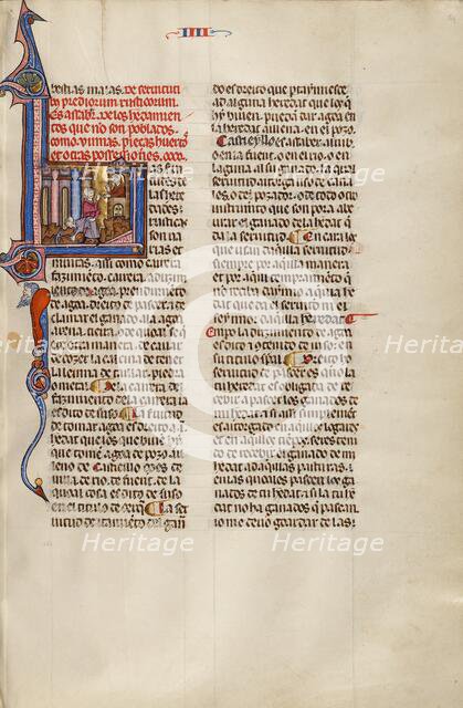 Initial L: A Man Speaking to Another from a Balcony while a third Digs..., about 1290-1310 Creator: Unknown.