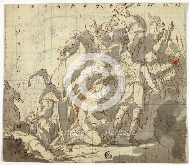 Fighting Knights Before Castle, c. 1800. Creator: Robert Ker Porter.