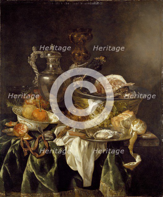 Still Life with a Silver Wine-jar and a reflected portrait of the artist, c1657. Artist: Abraham van Beyeren.