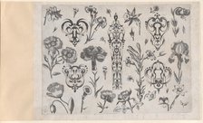 Blackwork Designs with Flowers, Plate 6 from a Series of Blackwork Ornaments combine..., after 1622. Creator: Meinert Gelijs.