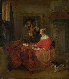 A Woman seated at a Table and a Man tuning a Violin, c. 1657–1658. Artist: Metsu, Gabriel (1629-1667)