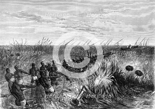 Samuel Baker's boat hauled through river grass, 1864 (1874). Artist: Unknown