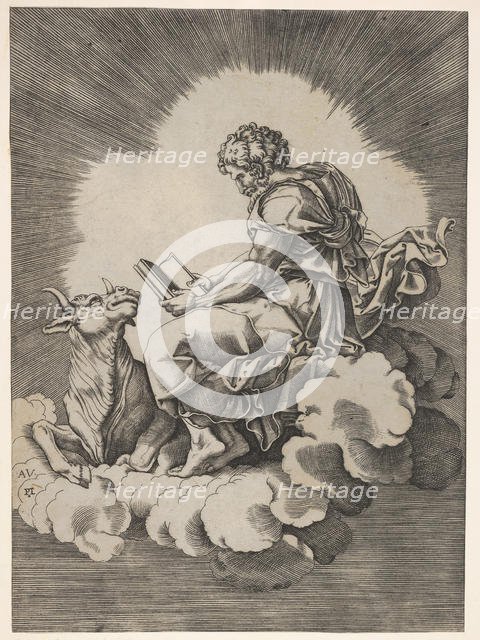 St. Luke, seated on a cloud with an open book in both hands, a bull lying at his fee..., after 1518. Creator: Unknown.