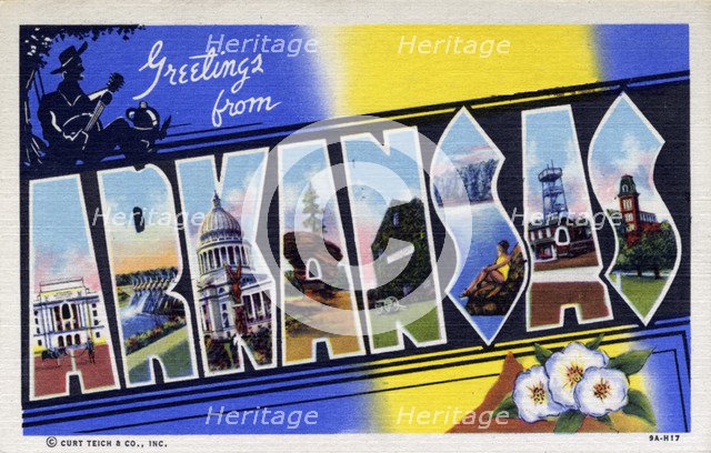 'Greetings from Arkansas', postcard, 1939. Artist: Unknown