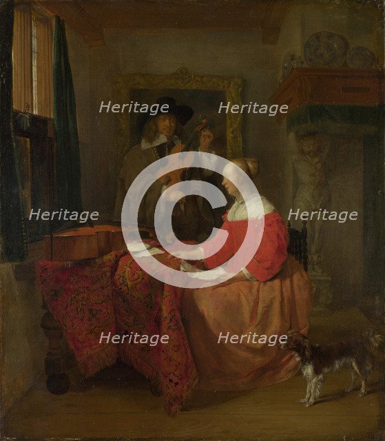 A Woman seated at a Table and a Man tuning a Violin, c. 1657–1658. Artist: Metsu, Gabriel (1629-1667)