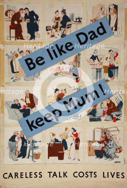 'Be like dad - keep mum!', WWII poster. between 1939 and 1946. Creators: Central Office of Information, Leslie Grimes.
