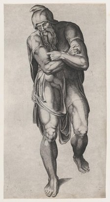 Joseph of Arimathea, after Michelangelo's Crucifixion fresco in the Cappella Paolina, V..., 1540-66. Creator: Nicolas Beatrizet.