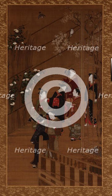 Seven women walking near a football court, Edo period, mid-late 18th century. Creator: Shunsho.