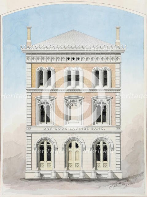 Dry Dock Savings Bank, New York City, New York, Competition Design Drawing, 1858. Creator: Peter Bonnett Wight.