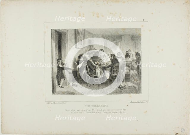 The Dessert: My eldest is full of spirit!...he is very advanced for his age...I intend to ..., 1837. Creator: Auguste Raffet.