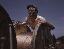 This husky member of a construction crew building a new 33,000-volt electric..., Ft. Knox, Ky., 1942 Creator: Alfred T Palmer.