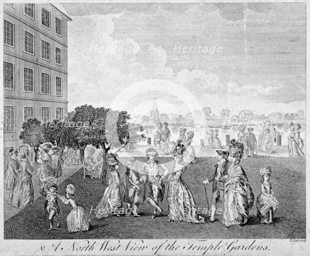 North-west view of Temple Gardens with figures walking and children playing, City of London, c1750. Artist: T Cook