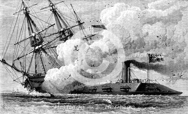 The Confederate ironclad 'Merrimac' sinking the USS 'Cumberland', 1862 (c1880). Artist: Unknown