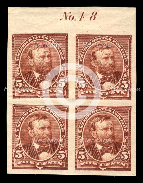 5c Ulysses S. Grant proof plate block of four, June 2, 1890. Creator: American Bank Note Company.