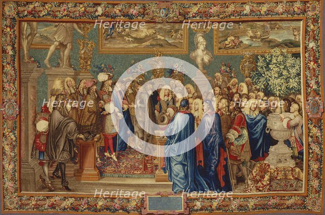 An audience granted by Louis XIV to the Count of Fuentes… at the Louvre, 24th March 1662, ca 1730. Creator: Ballin, Claude I, (after) (1615-1678).