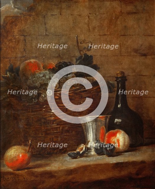 Fruit Basket with Grapes, a Silver Goblet and a Bottle, Peaches, Plums, and a Pear. Artist: Chardin, Jean-Baptiste Siméon (1699-1779)