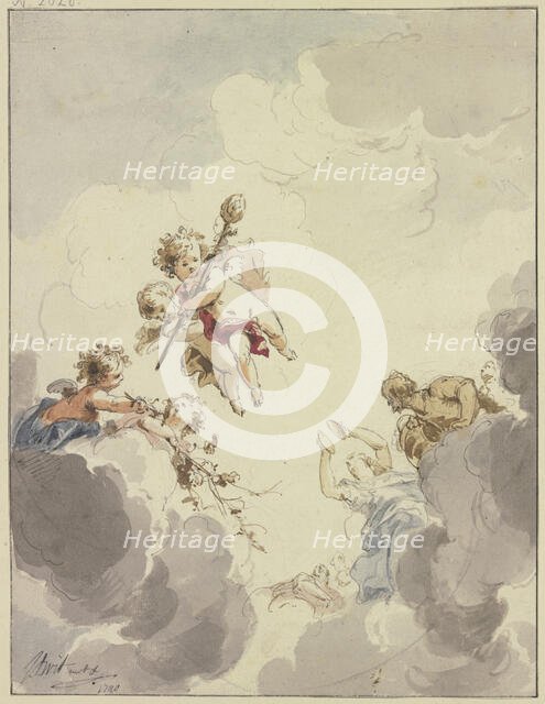 Cupids with a thyrsus and Bacchantes in clouds, 1740. Creator: Jacob de Wit.