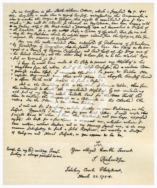 Letter from Samuel Richardson, 22nd March 1754.Artist: Samuel Richardson