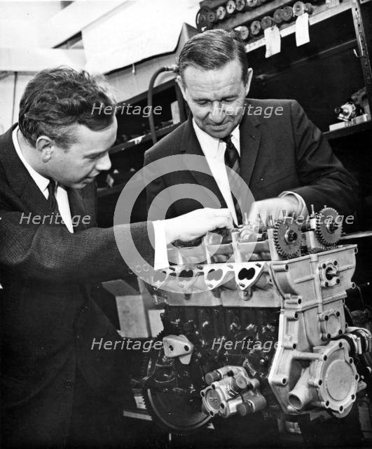 Keith Duckworth (left) with Harley Copp and Ford Formula II engine 1966. Creator: Unknown.