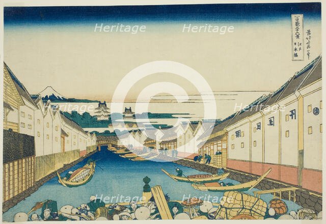 Nihonbashi Bridge in Edo (Edo Nihonbashi), from the series "Thirty-six Views of Mount..., c.1830/33. Creator: Hokusai.