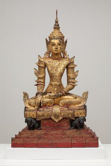Crowned and Bejewelled Buddha Seated on an Elephant Throne, Late 19th century. Creator: Unknown.
