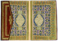 Double page spread from a Koran with marginal floral decoration, Turkish, 1855. Artist: Unknown
