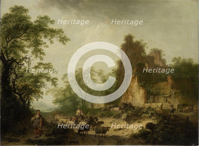 Landscape with Herd of Sheep in Front of a Peasant Hut in a Ruins, 1785. Creator: Hendrik Meijer.
