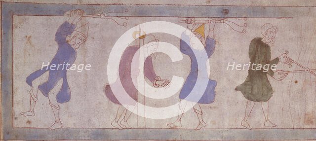 A man in the stocks being whipped, c1025-c1050. Creator: Unknown.