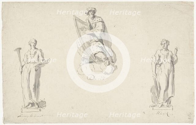 Three designs for organ decoration: Singing, King David and Music, 1741-1801. Creator: Anthony Ziesenis.
