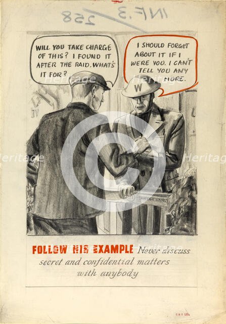 'Follow his example. Never discuss secret and confidential..., WWII poster, between 1939 and 1946. Creators: Central Office of Information, Unknown.