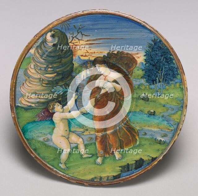 Plate with the reconciliation of Cupid and Minerva, 1525. Creator: Giorgio Andreoli workshop.